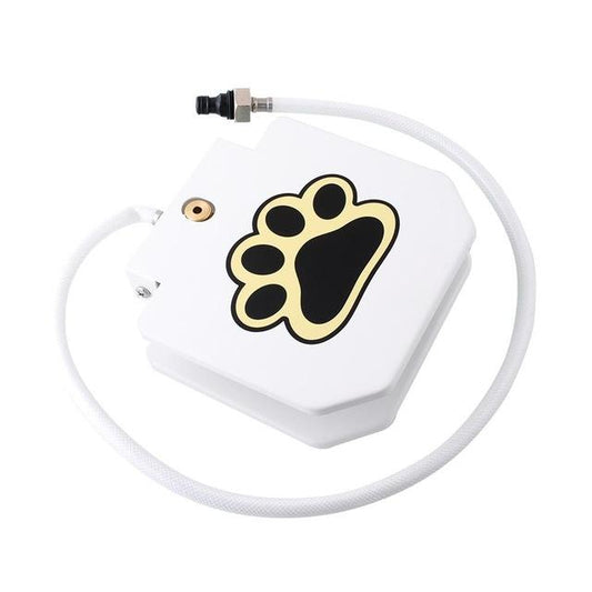 white colored dog water fountain with a black colored and yellow framed paw printed on it