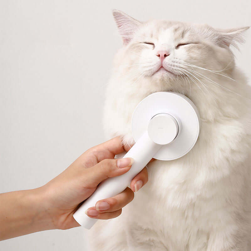 white pet hair comb that combs a cat